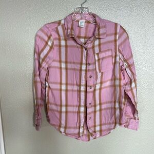 Girls button-down flannel shirts. Size 10/12 pink and brownish gold.